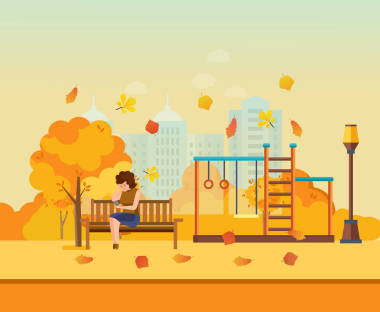 秋天的孩子操場，女孩在公園里休息