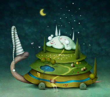 童話龜、 插圖或明信片或睡著的烏龜，四季海報。計算機圖形學