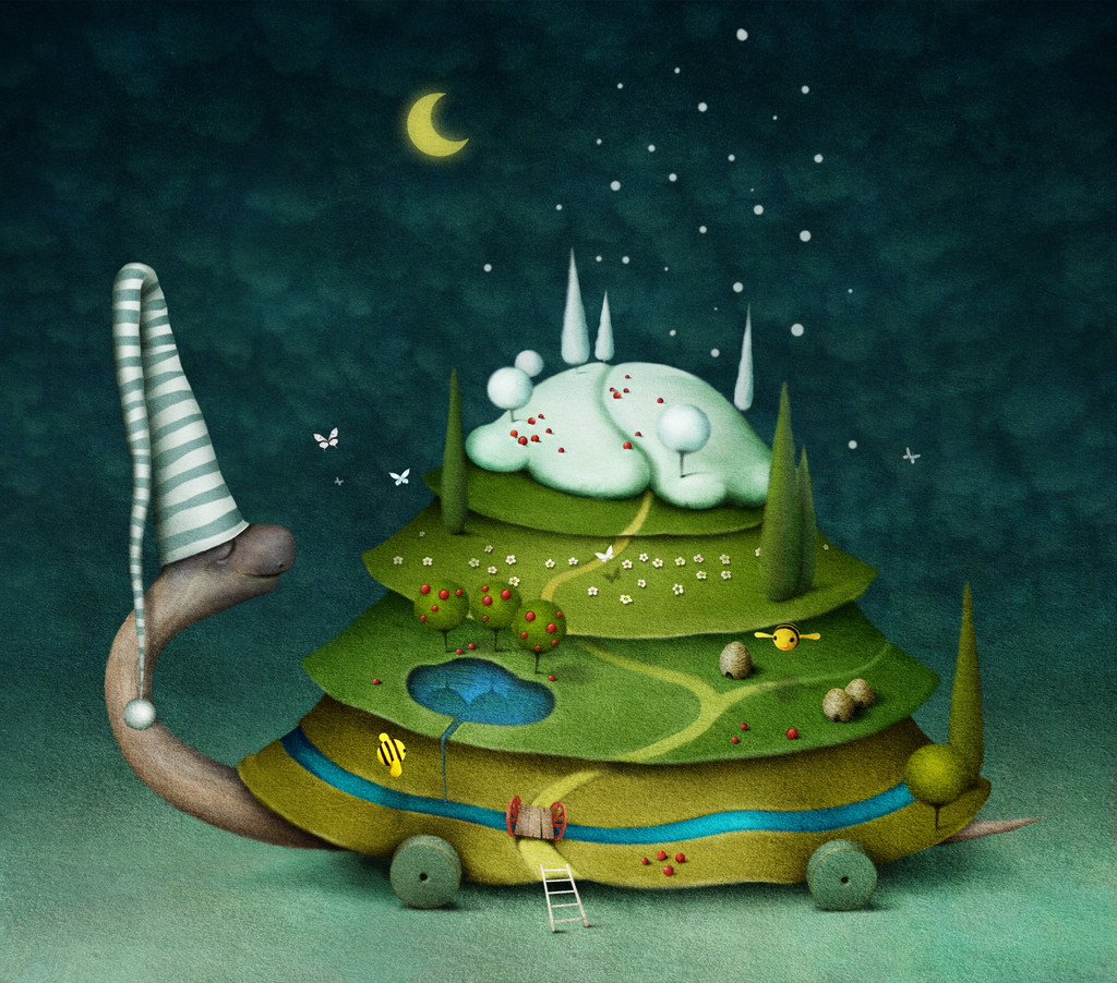 童话龟、 插图或明信片或睡着的乌龟,四季海报。计算机图形学 童话龟、 插图或明信片或睡着的乌龟,四季海报。计算机图形学