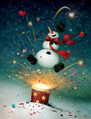 节日贺卡或与快乐雪人和烟花图