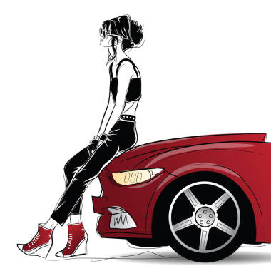 這輛紅色的車附近的素描樣式的時(shí)尚女人