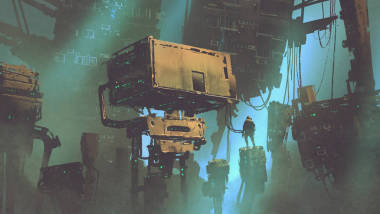 在與老建筑的未來(lái)城市的人圖片