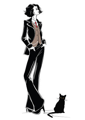 在与黑猫的素描样式时尚女人