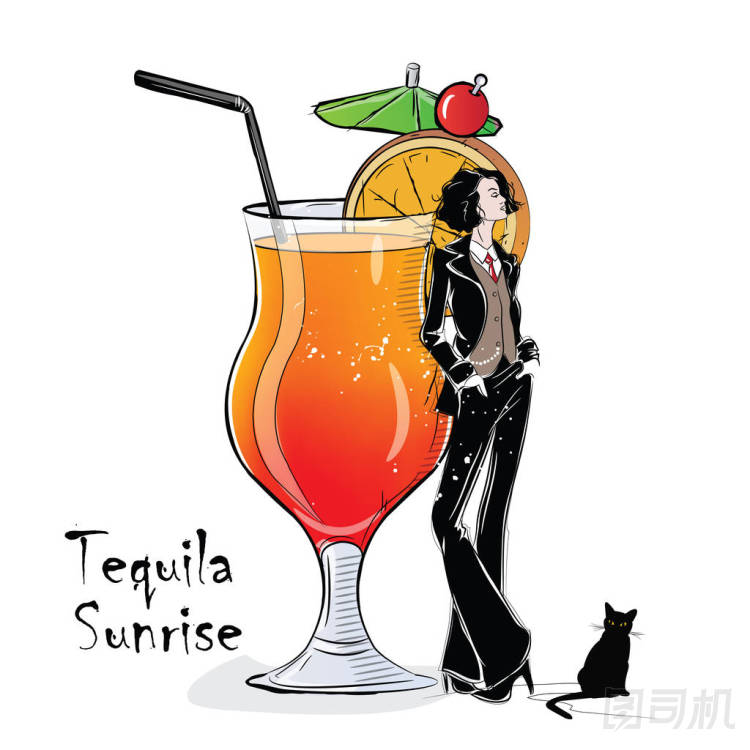 手繪插畫的雞尾酒與女孩