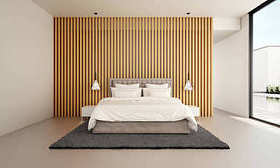 室内设计的最小卧室和木墙纹理