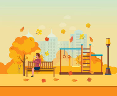 秋天的孩子操場，女孩在公園里，休息喝熱咖啡