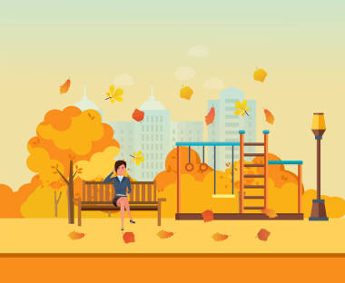 通過電話通信的秋天孩子操場，女孩在公園里，休息