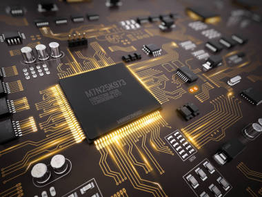 高科技电子 Pcb （印刷电路板） 处理器、 芯片与发光数字电子信号。3d 图