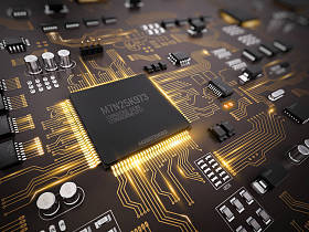 高科技电子 Pcb （印刷电路板） 处理器、 芯片与发光数字电子信号。3d 图