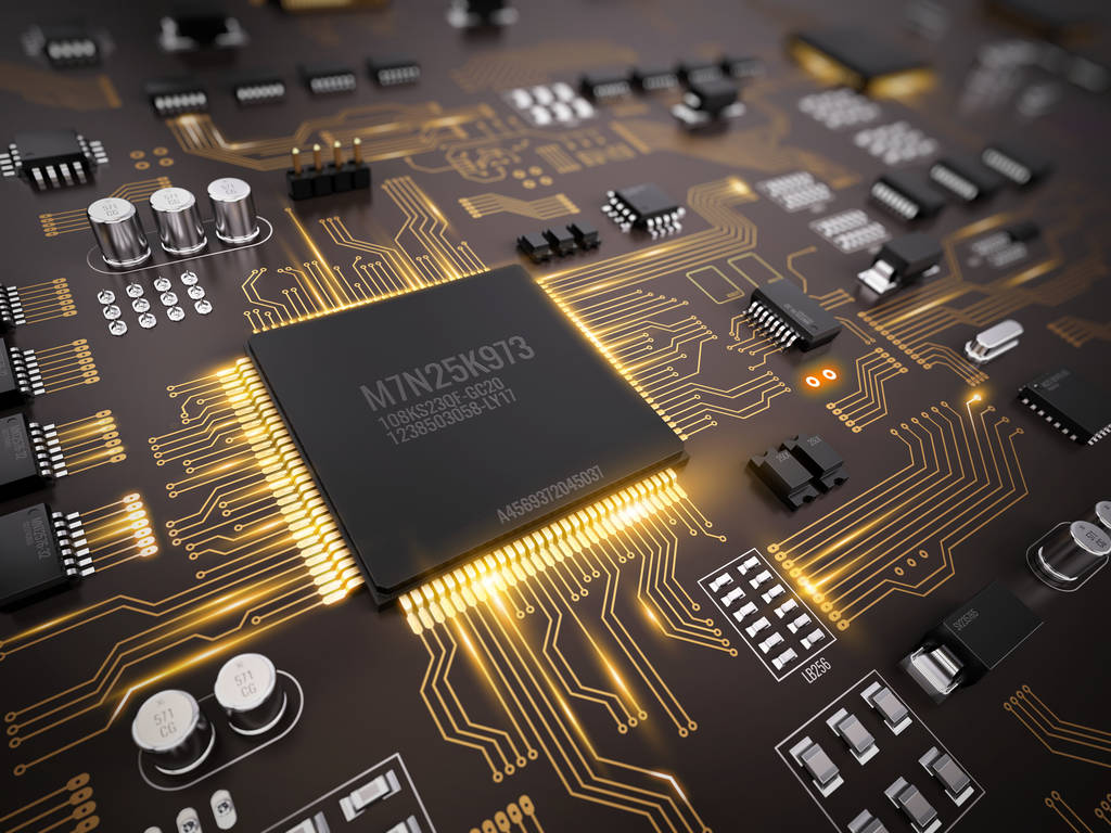 高科技电子 Pcb （印刷电路板） 处理器、 芯片与发光数字电子信号。3d 图