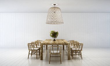 室內(nèi)設計的白色餐廳和木餐桌圖片