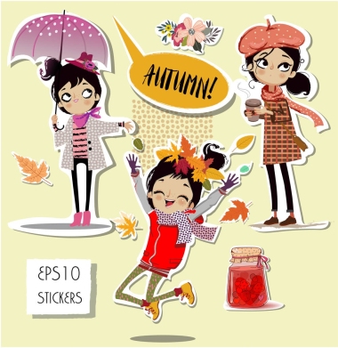 设置与可爱的秋天卡通女孩