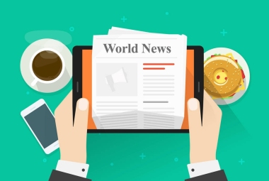 报纸上的平板电脑矢量插画, 平面卡通人手中阅读世界新闻杂志的电子设备, 想法的咖啡休息或午餐, 商务早餐表顶部视图