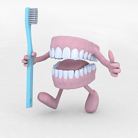 打开义齿卡通与武器、 腿和 tootbrush