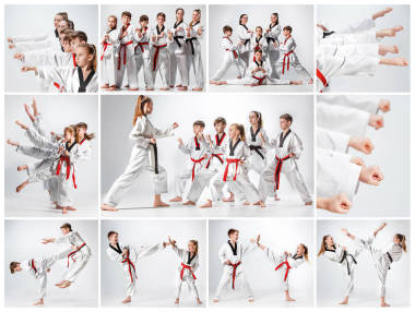 工作室拍攝的群孩子訓(xùn)練空手道武術(shù)