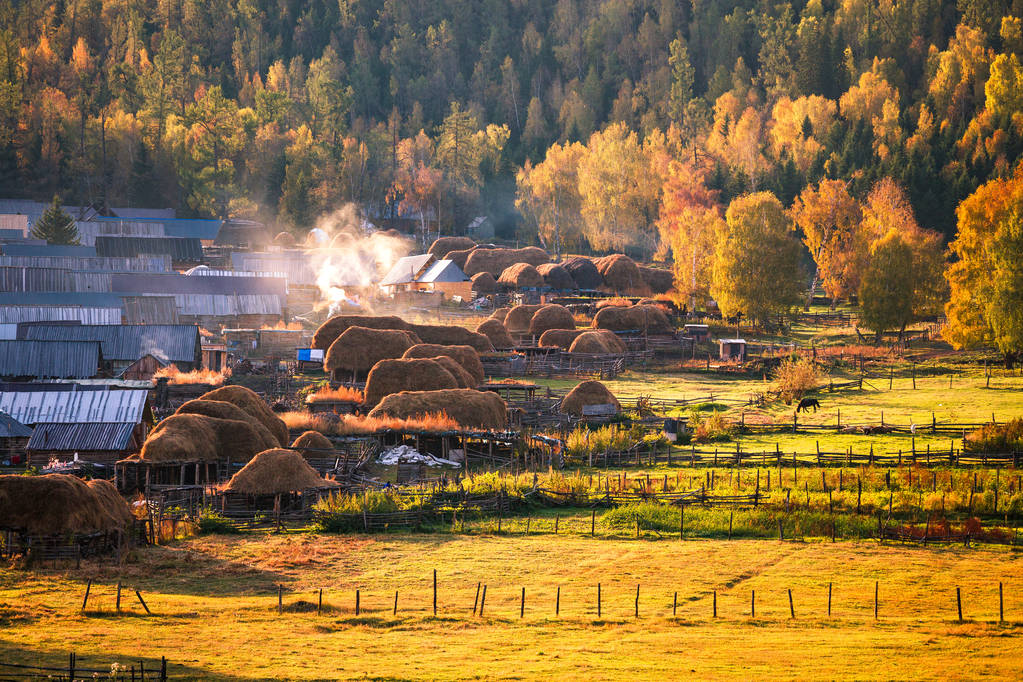 新疆白雪山村秋色图片