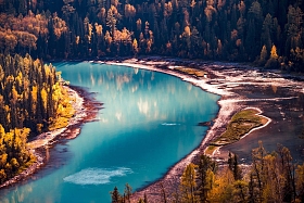 新疆喀纳斯河月亮湾秋天风景照片