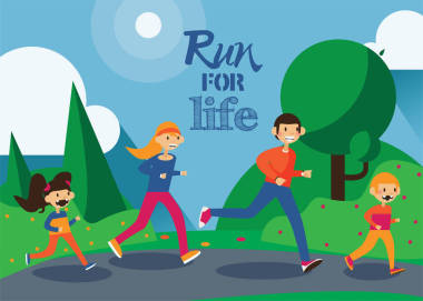 幸福的家庭，爸爸、 媽媽和可愛(ài)的孩子們有夏天在公園慢跑。水平的矢量運(yùn)動(dòng)插畫(huà)。運(yùn)行人和刻字運(yùn)行為生活