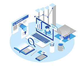 在线教育概念。在线培训课程、 专业化、 教程、 讲座。3d 等距设计