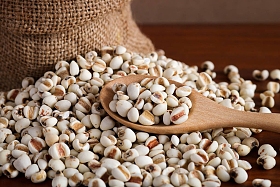 仿古木背景木勺薏米.图片