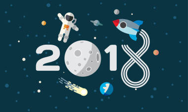 宇航員和火箭上月球背景。日歷的平面空間主題插畫。2018 快樂新的一年覆蓋，海報傳單
