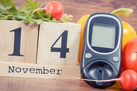 日期 11 月 14 日作为世界糖尿病日，血糖仪测量血糖水平和蔬菜的象