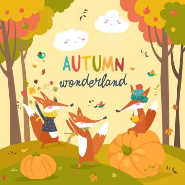 小狐貍玩樹葉在秋天的樹林