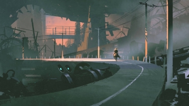 在未來城市騎馬的人