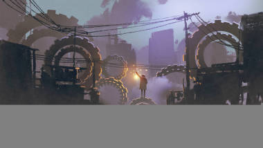 在黑暗的城市站立在巨型齒輪的人