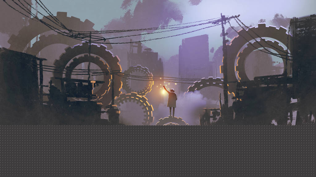 在黑暗的城市站立在巨型齿轮的人