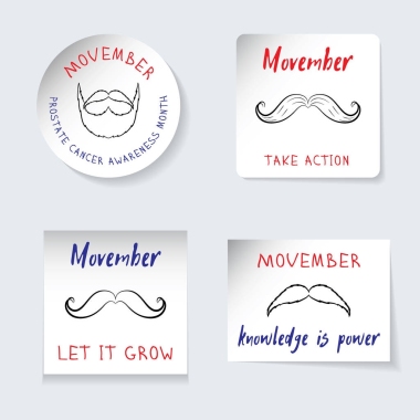 抗擊前列腺癌 Movember 的主題。一套貼紙, 不同形狀的橫幅。提醒題字, 符號, 胡子, 在手畫風格的胡子。矢量插圖