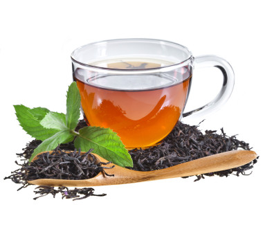 玻璃杯子茶和薄荷叶，在白色背景上孤立