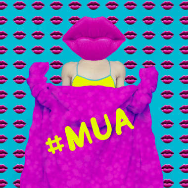 當(dāng)代藝術(shù)拼貼畫。概念 Mua 時尚滑稽的嘴唇女孩