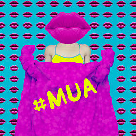 当代艺术拼贴画。概念 Mua 时尚滑稽的嘴唇女孩