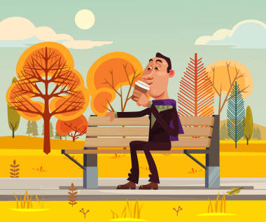 坐在长椅上喝咖啡的快乐微笑的男人角色。矢量平面卡通插图