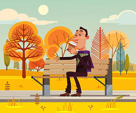 坐在长椅上喝咖啡的快乐微笑的男人角色。矢量平面卡通插图