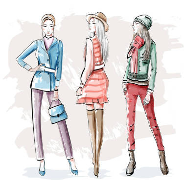 手繪時(shí)尚的年輕女性。時(shí)尚的圖形女孩設(shè)置。素描.矢量插圖. 