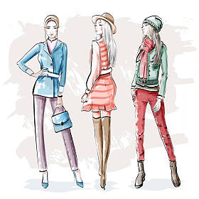 手绘时尚的年轻女性。时尚的图形女孩设置。素描.矢量插图. 