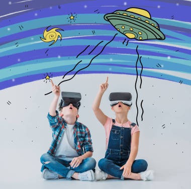 兒童使用虛擬現(xiàn)實(shí)的耳機(jī)圖片