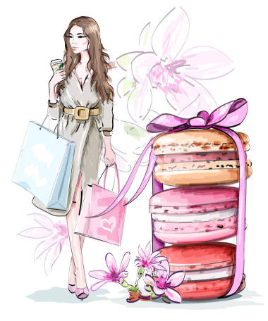 美麗的素描集: 時尚女人與購物袋, 甜美可愛的馬卡龍與弓和鮮花。矢量插圖. 