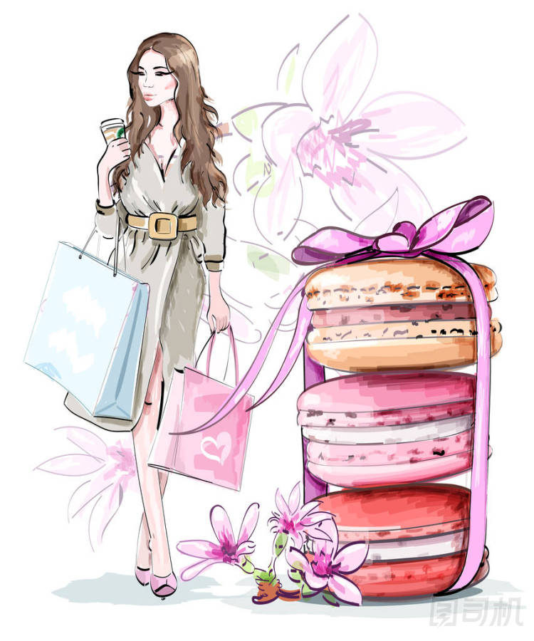 美丽的素描集: 时尚女人与购物袋, 甜美可爱的马卡龙与弓和鲜花。矢量插图. 