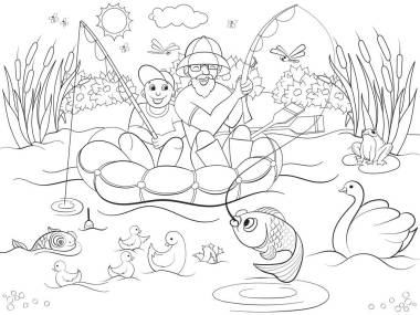 漁父親和兒子在河著色為兒童卡通光柵插圖