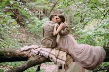 在森林里的格子花呢的時(shí)尚新婚夫婦休息。新娘和新郎坐在自然日志