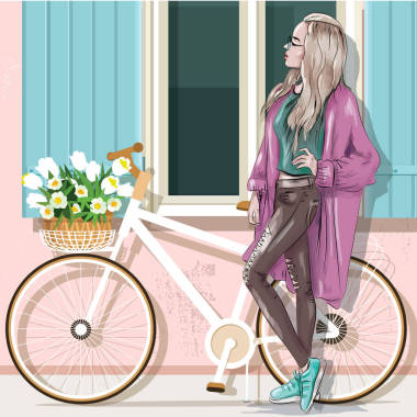 美麗的女孩在休閑的衣服, 自行車和建筑物的門面。矢量插圖. 