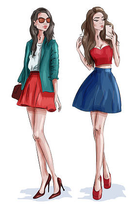 两个时尚漂亮的女孩配饰。时尚女装。素描.矢量插图. 