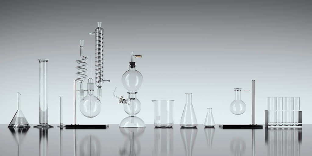 白色背景的玻璃化学实验室设备。3d 渲染
