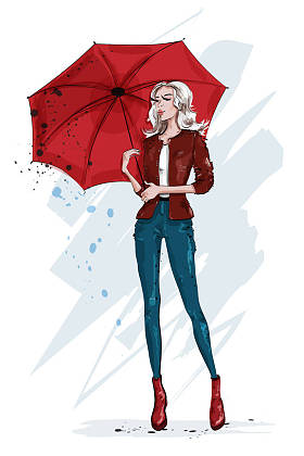 时尚女性带雨伞。时髦的金发女郎。素描.带雨伞的时装模特。矢量插图. 