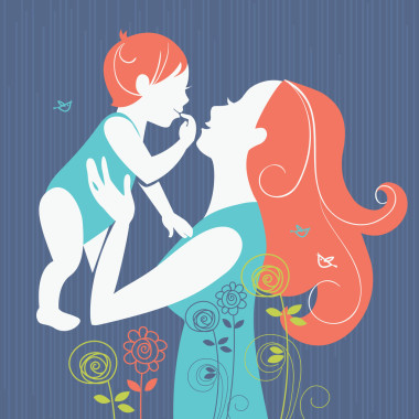 美麗的母親與她的孩子與花卉背景剪影