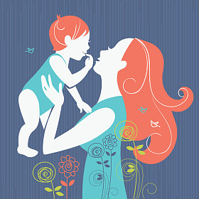 美丽的母亲与她的孩子与花卉背景剪影