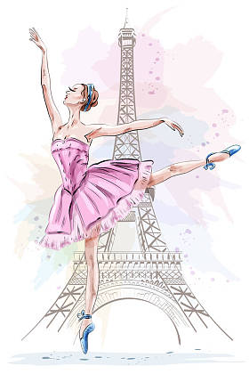 美丽的芭蕾舞演员在埃菲尔铁塔的背景上摆姿势跳舞。手绘的女孩。芭蕾舞演员素描.矢量插图. 